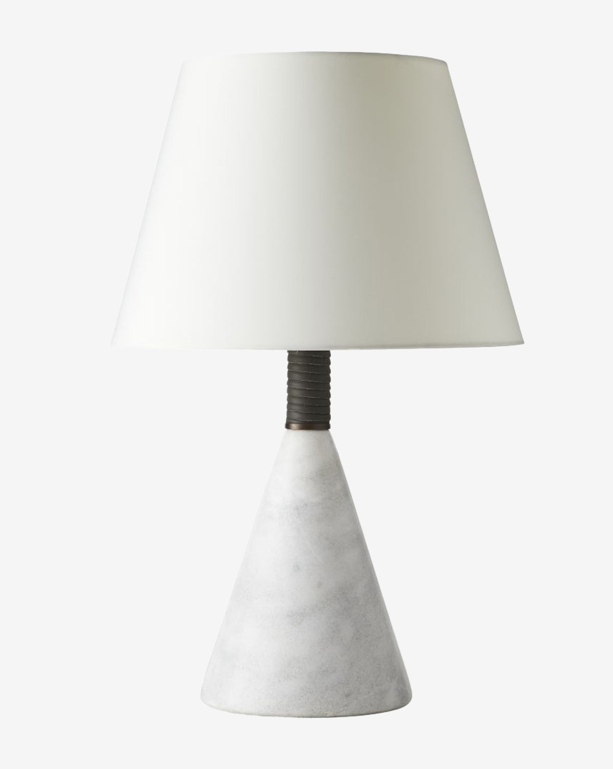 The Arteriors Everly Table Lamp showcases a modern, minimal design with a white marble base and ivory microfiber shade, set against a plain white background by McGee & Co.