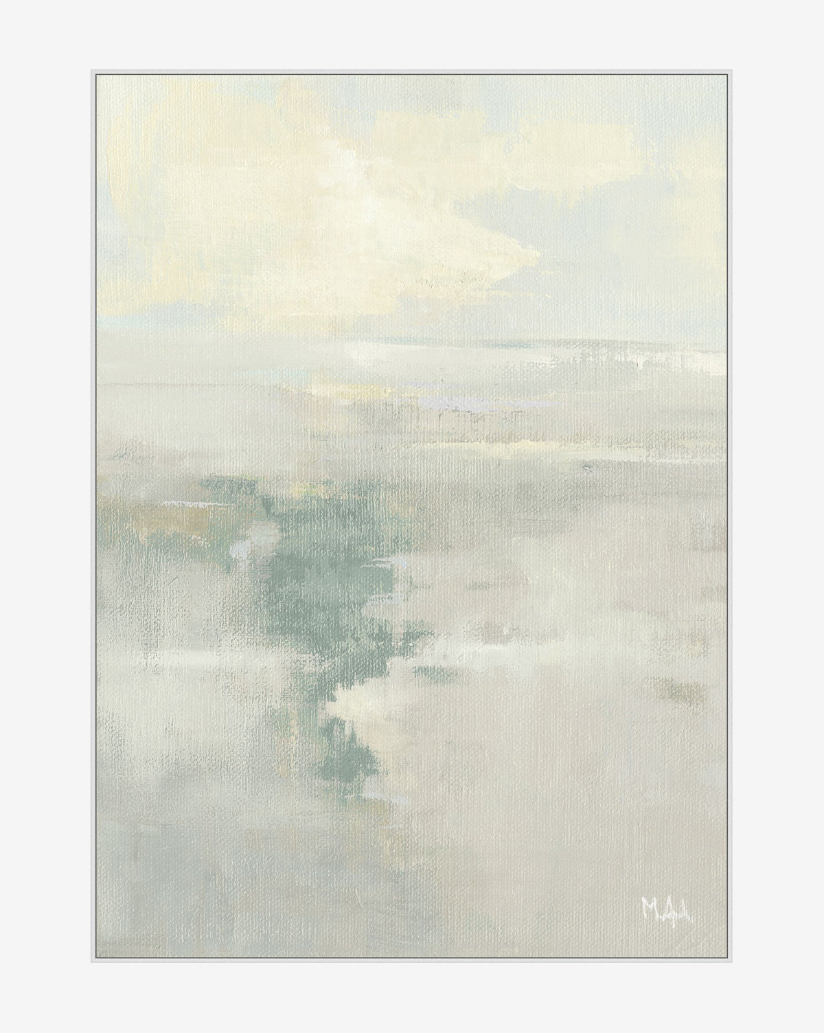 Every Horizon by Martha Spak is a soft, abstract landscape in pastel cream, beige, pale yellow, and light blue on gallery-wrapped canvas with delicate brushstrokes. The artist’s signature “MAA” appears in the bottom right corner, by McGee & Co.