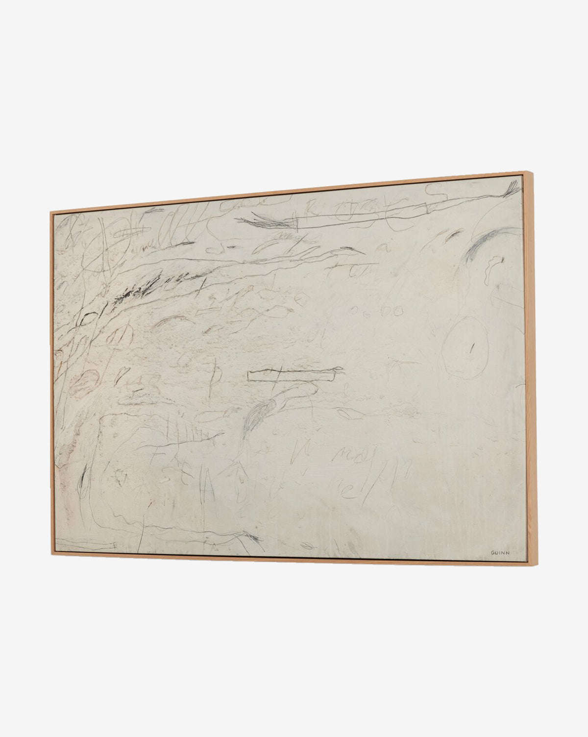 Examination of the Rose by Tyler Guinn is a minimalist abstract painting, featuring faint black and beige sketch-like lines on a mostly white background. This gallery-quality piece comes framed in simple wood.