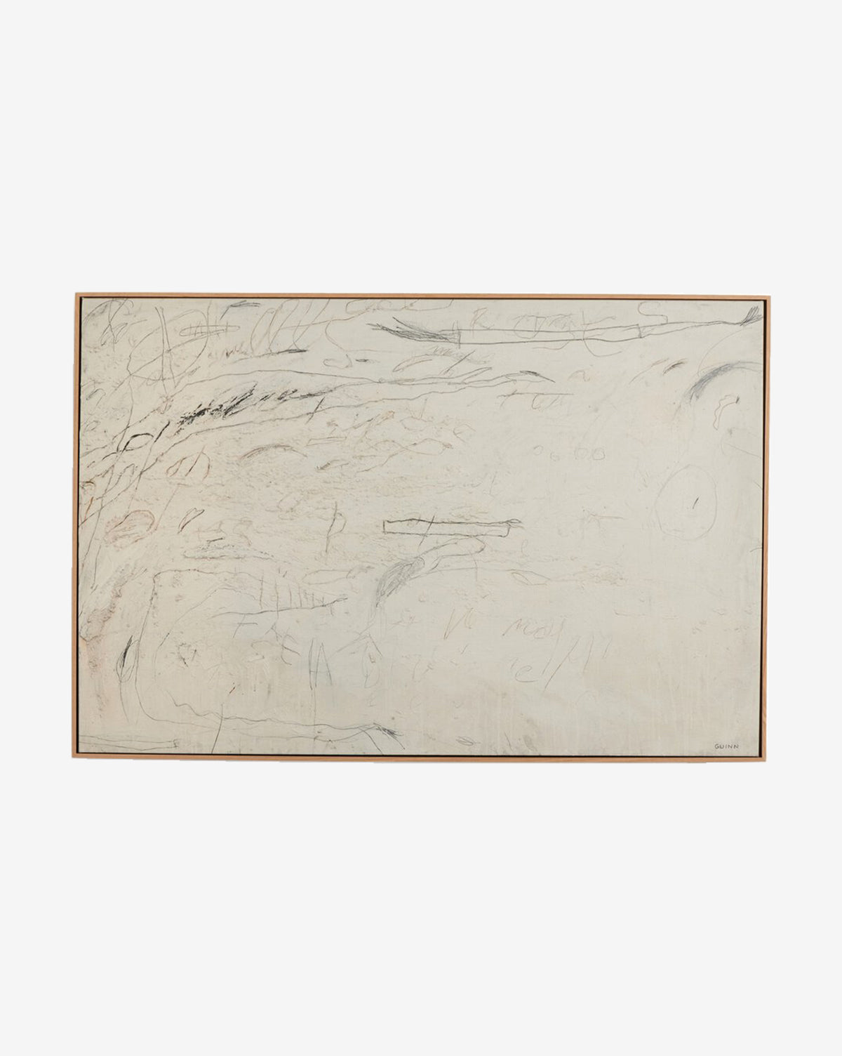 Examination of the Rose by Tyler Guinn is a gallery-quality abstract artwork featuring faint, sketch-like pencil and charcoal swirls on a white background, elegantly displayed in a thin wooden frame.