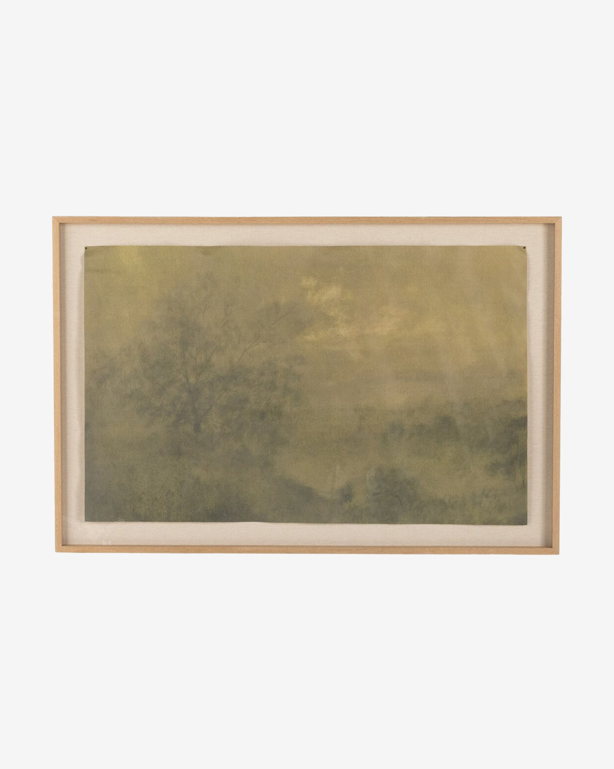 Framed artwork Expanse by Aileen Fitzgerald features a muted, hazy landscape with soft green and brown tones, capturing museum-quality Impressionism that evokes a dreamy Texas Hill Country scene.