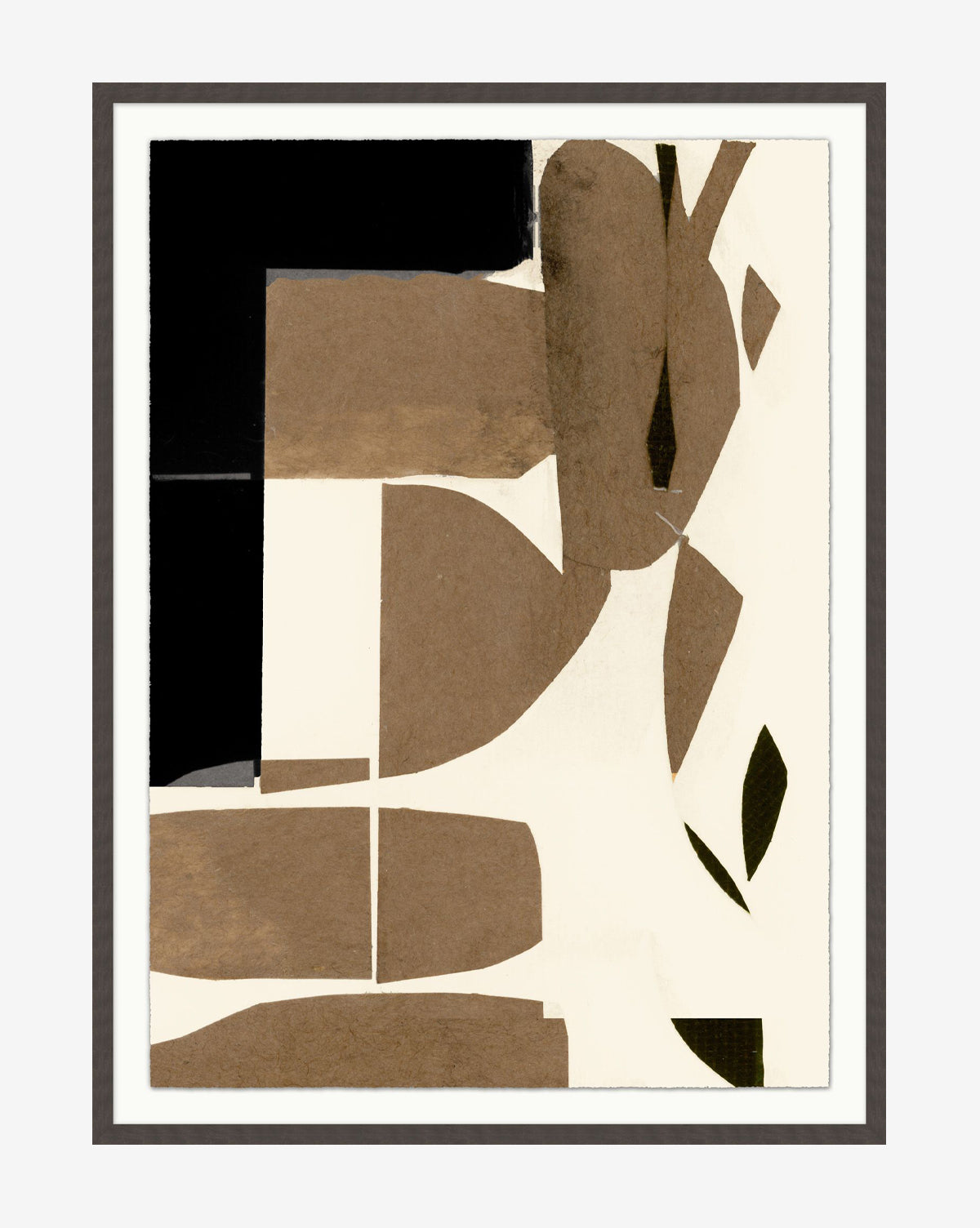 “Expression” by Dan Hobday is a giclee print on watercolor paper featuring geometric shapes in brown, black, and off-white tones arranged in overlapping patterns on white, all elegantly framed by McGee & Co.