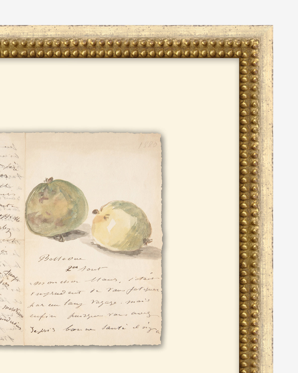 Family Recipe is a framed giclée wall decor featuring a vintage botanical watercolor of two green apples on handwritten manuscript, bordered by an ornate gold beaded frame, by McGee & Co.