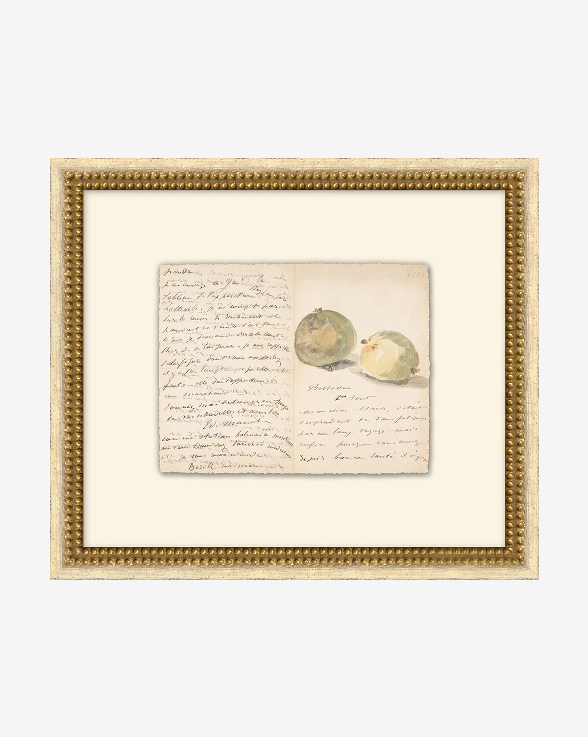 Family Recipe is a framed giclée wall decor featuring a handwritten letter and watercolor art of two greenish-yellow fruits on cream matte with a gold frame, by McGee & Co.