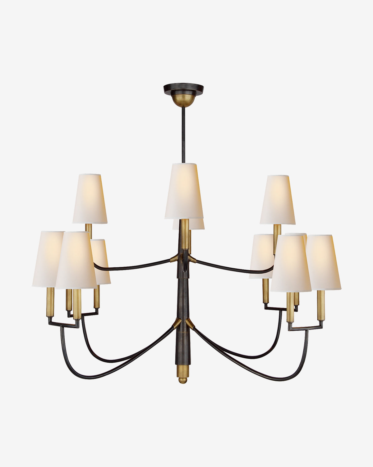 The Farlane Large Chandelier by Visual Comfort & Co. Signature features eight curved black metal arms with brass accents, white lampshades, and a sleek central rod for a grand statement in any space—McGee & Co.