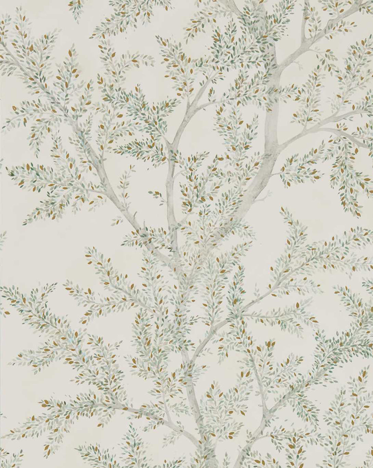 Delicate, hand-painted tree branches with green and brown leaves create a soft botanical pattern, making the Farthing Wood Wallpaper by Sanderson Design Group, Inc. an elegant choice for sophisticated wall decor. McGee & Co.
