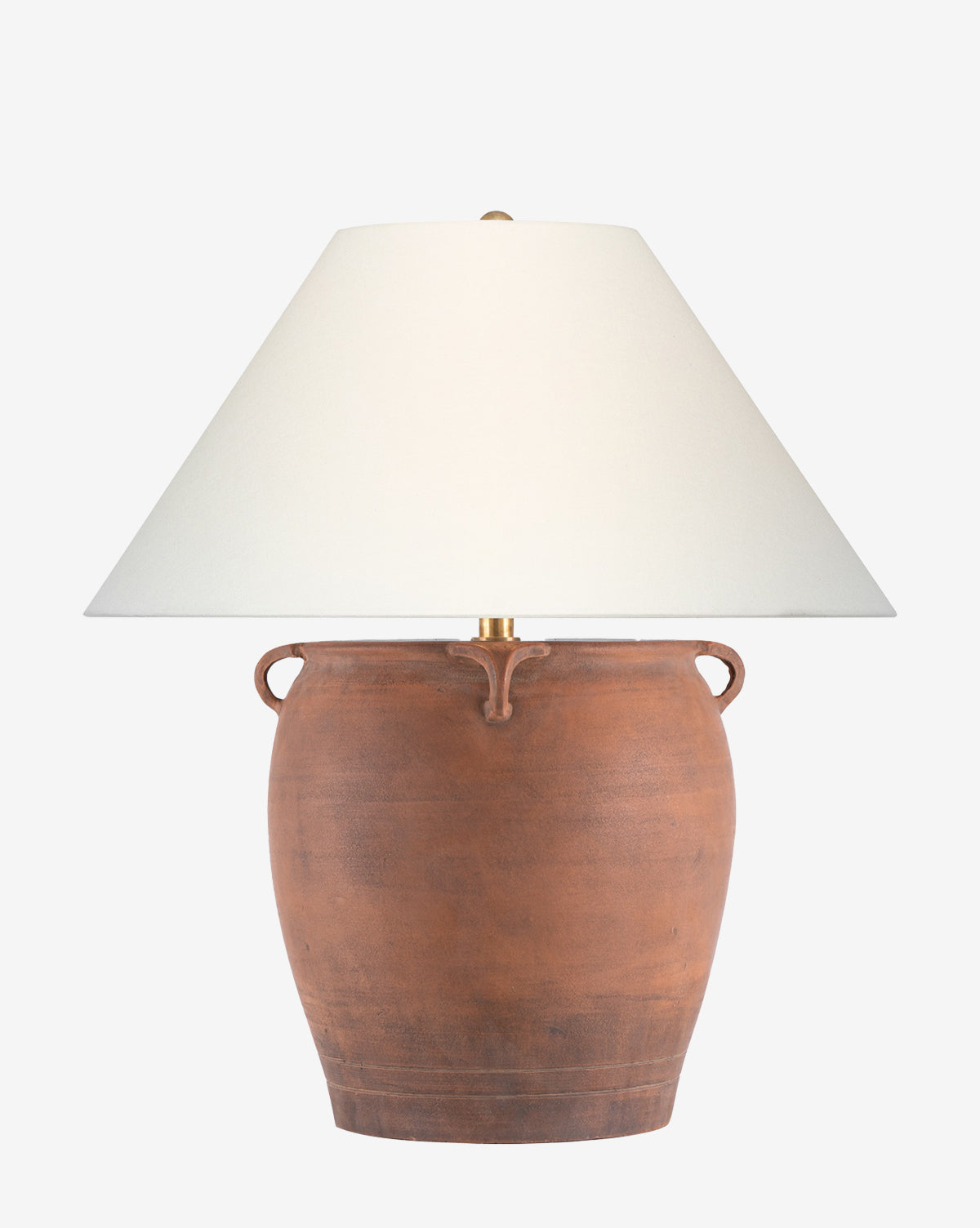 The Fasano Table Lamp features a terracotta ceramic base with two small handles and a large white linen shade, displayed against a plain white background, by McGee & Co.