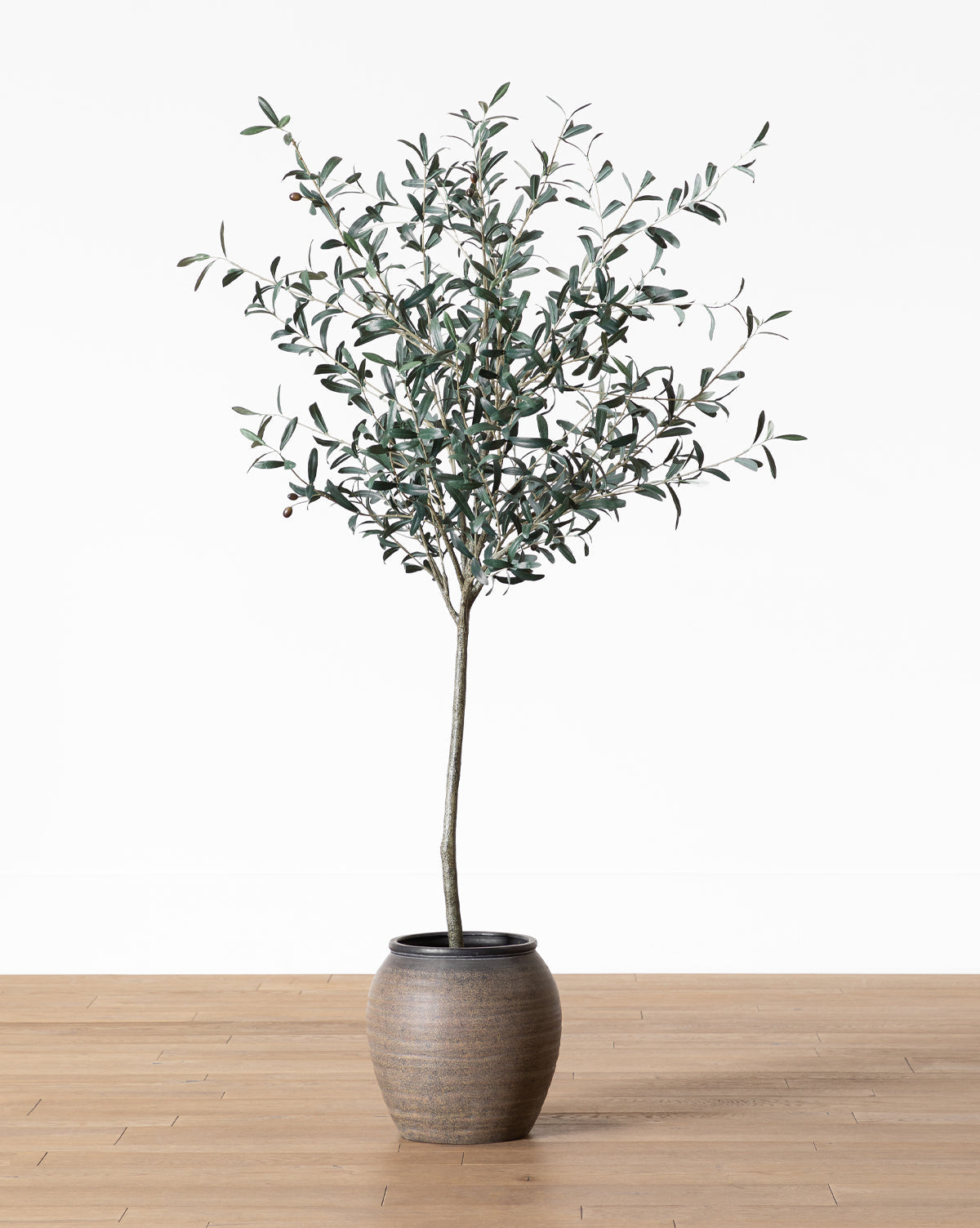 The Faux 72 Olive Tree with Ceramic Pot features slender branches and green leaves in a ribbed pot, ideal for indoor decor against a plain white background.