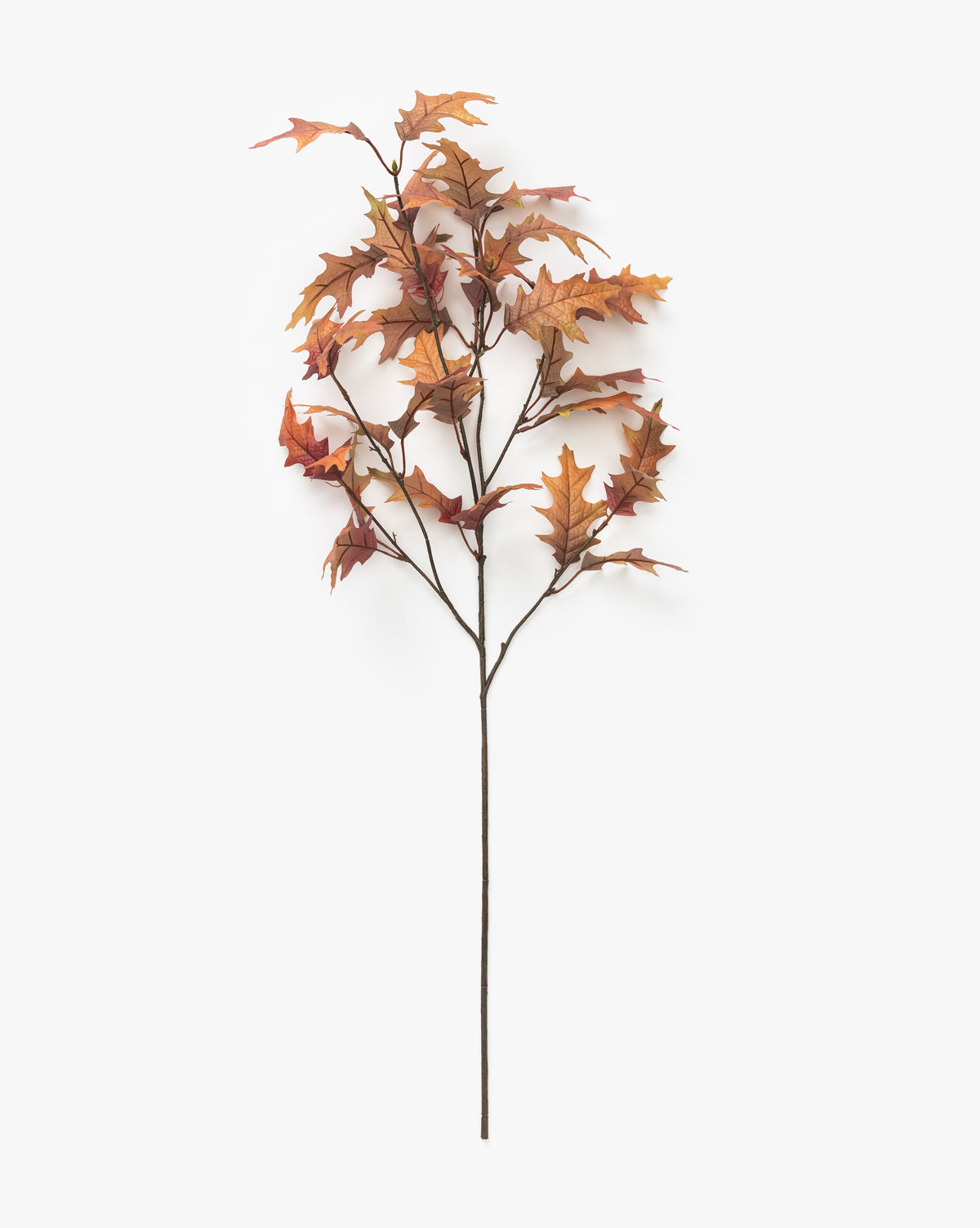 The Faux Autumn Oak Stem features multiple twigs with orange, brown, and red oak leaves, perfect for autumn decor. Shown against a white background.
