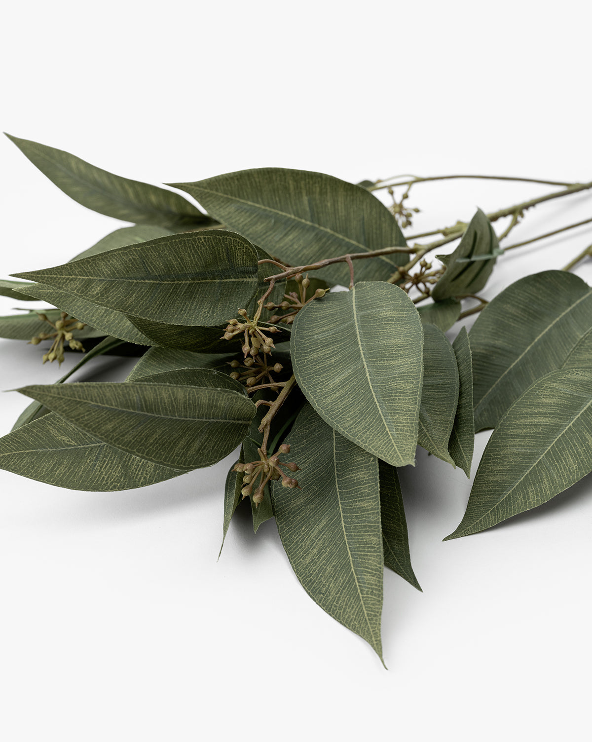 A close-up of several green eucalyptus branches, including a Faux Eucalyptus Seed Stem with elongated, textured leaves and small buds, arranged on a white background.