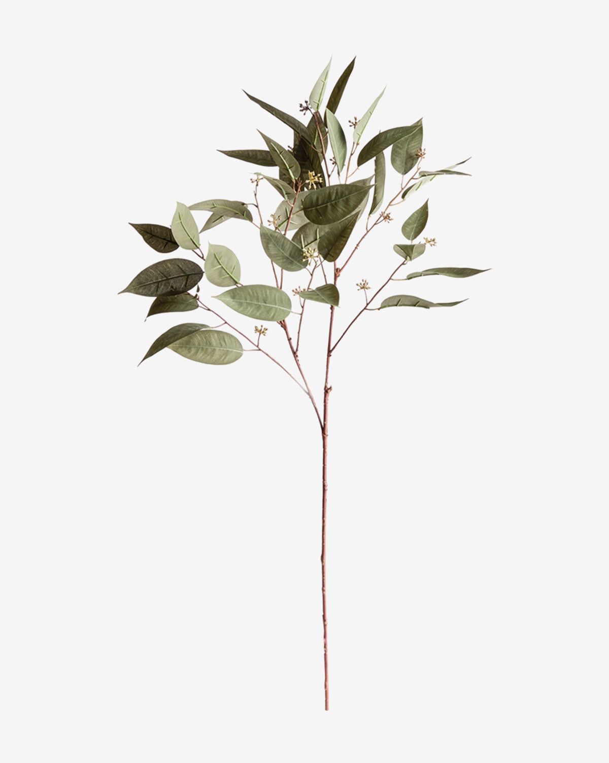 The Faux Eucalyptus Seed Stem features a single, slender branch with multiple green leaves and small buds, displayed against a white background.