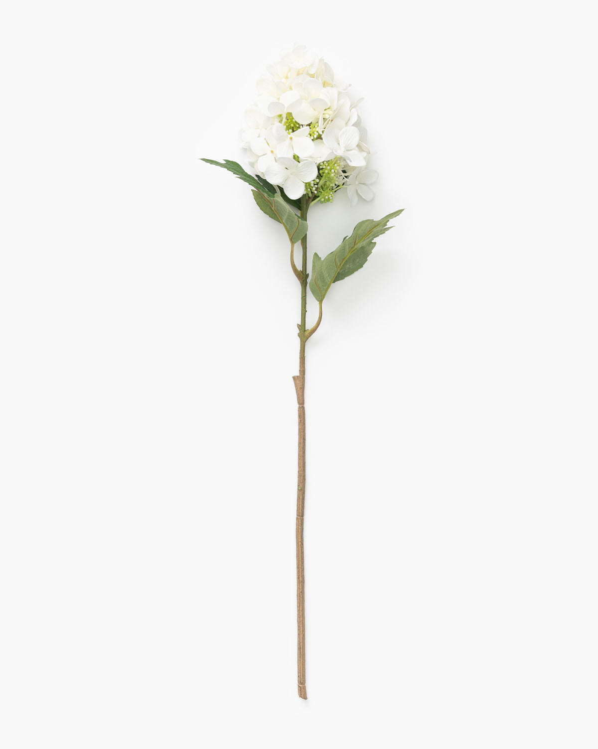 The Faux Hydrangea Stem features lush green leaves and a long brown stem, ideal for decorative vase arrangements, and is displayed against a plain white background.