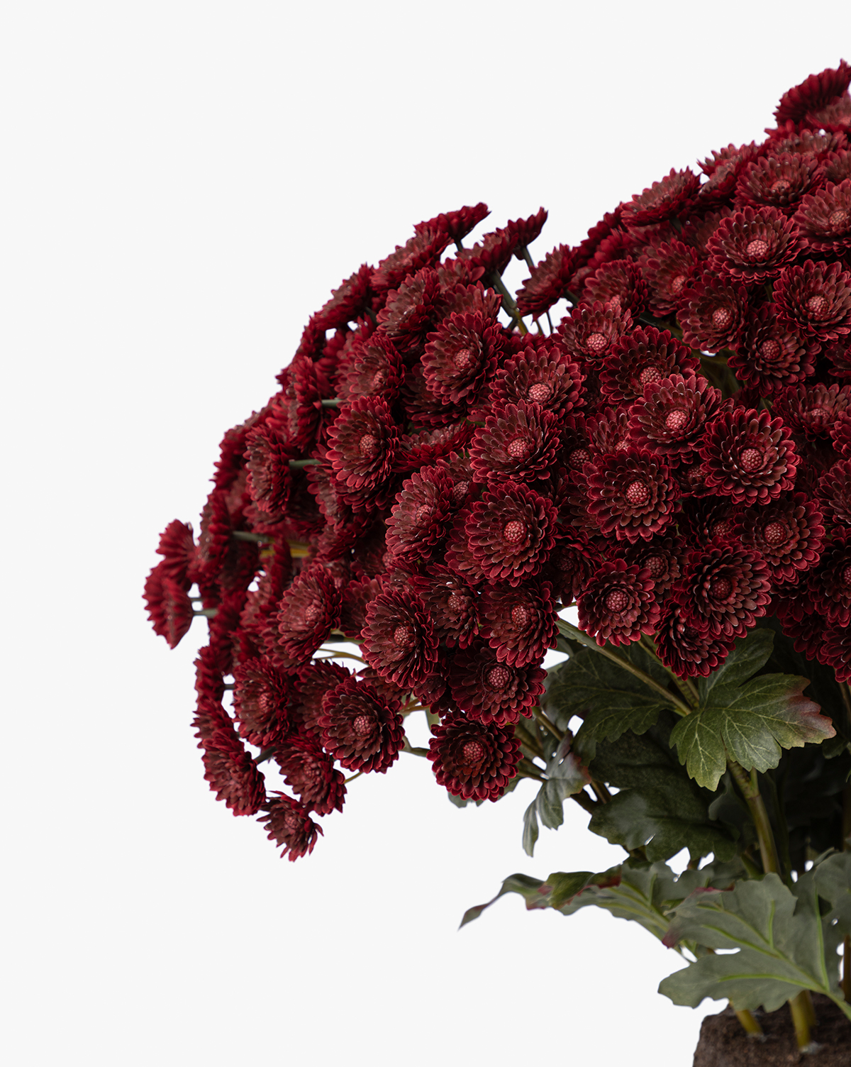 The Faux Mum Drop-In features lifelike deep red mum blooms and green leaves, arranged against a plain white background—ideal for seasonal decor, by McGee & Co.