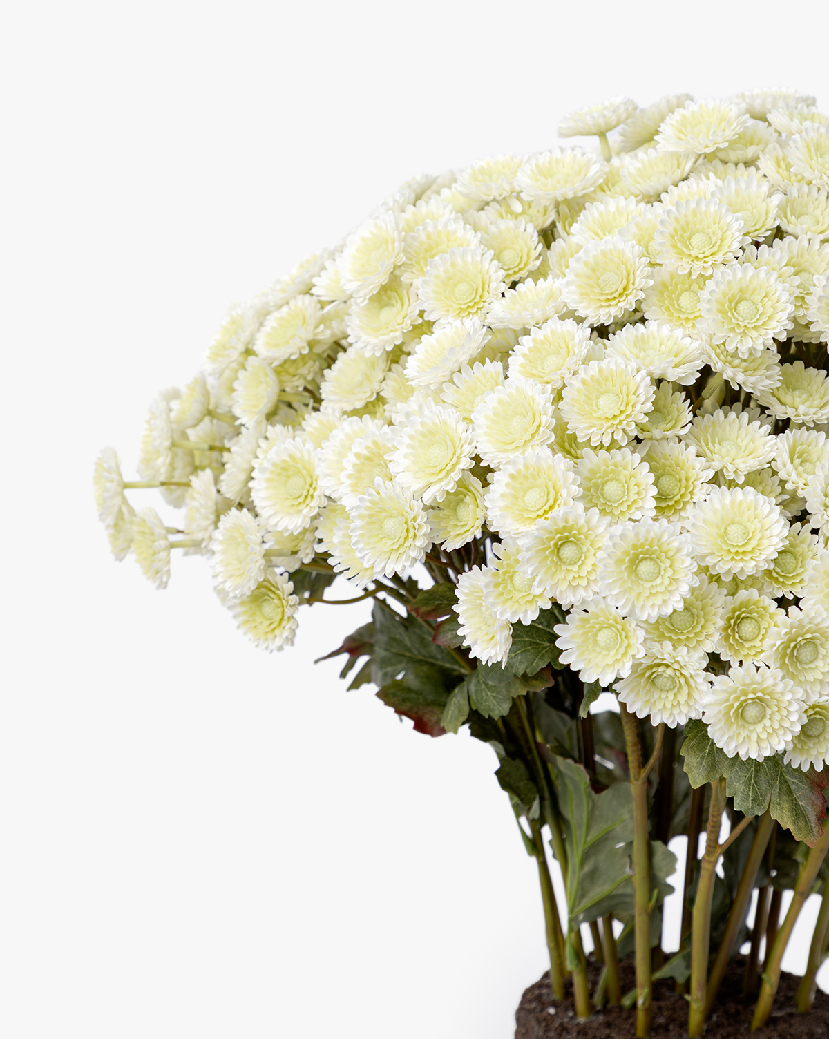 The Faux Mum Drop-In features lifelike light yellow chrysanthemum flowers with green leaves and stems, set against a white background—perfect for bringing seasonal charm to your decor, by McGee & Co.