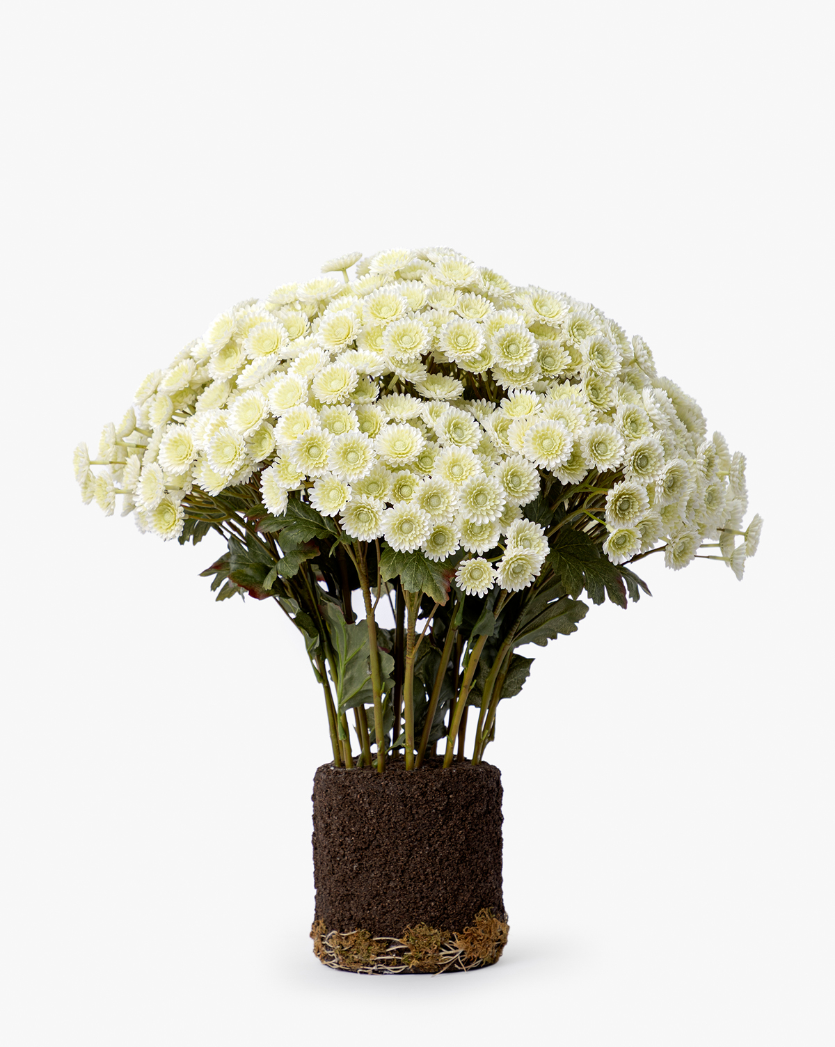 The Faux Mum Drop-In features pale yellow, lifelike chrysanthemum blooms, green stems, and leaves displayed upright with exposed roots and soil—ideal for seasonal décor—shown on a plain white background, by McGee & Co.
