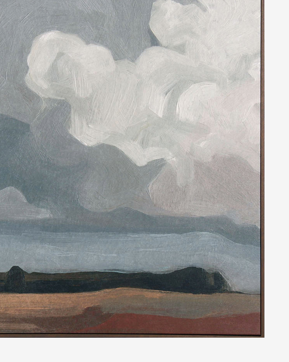 Feathered Clouds is a painting of an abstract landscape with a dark foreground, distant hills, and a vast sky filled with swirling white and gray clouds, all rendered in soft, muted tones and broad brushstrokes.