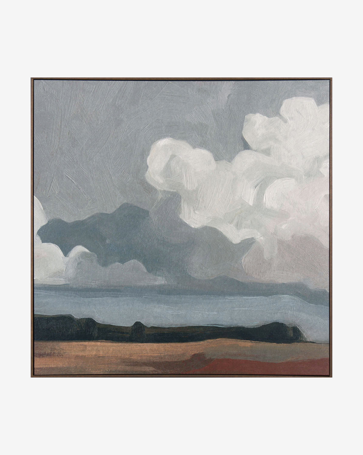 Feathered Clouds is a minimalist abstract landscape painting with textured clouds in a muted sky above a calm blue horizon and brown land, perfect for modern home design.