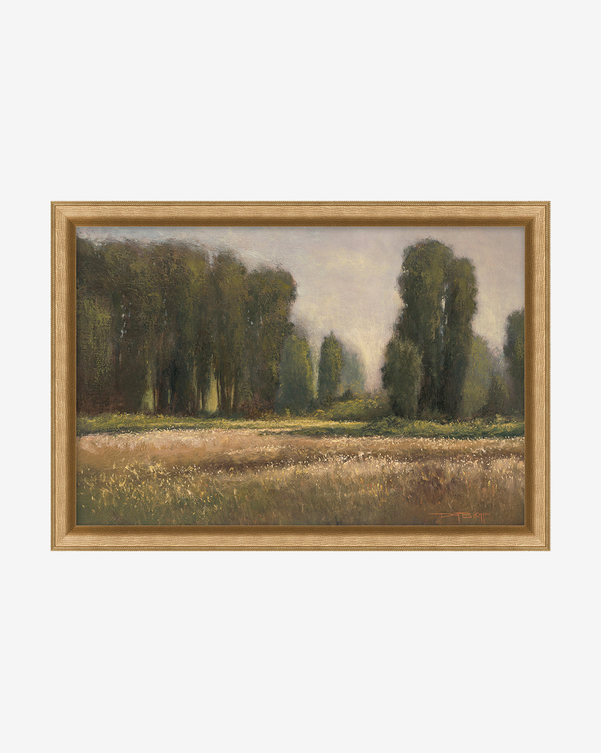 Field in Summer is a framed landscape painting depicting tall grass and flowers edged by leafy trees beneath a hazy sky, adding vintage charm and tranquility to your home decor.
