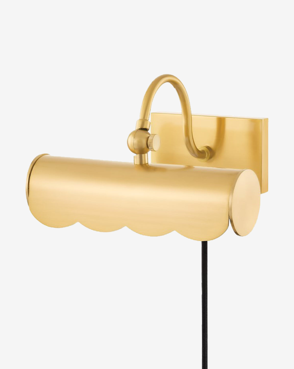 The Fifi Sconce by Hudson Valley Lighting features a gold-colored brass finish, scalloped-edged cylindrical shade, curved arm, and rectangular backplate—an elegant lighting option for stylish interiors. McGee & Co.