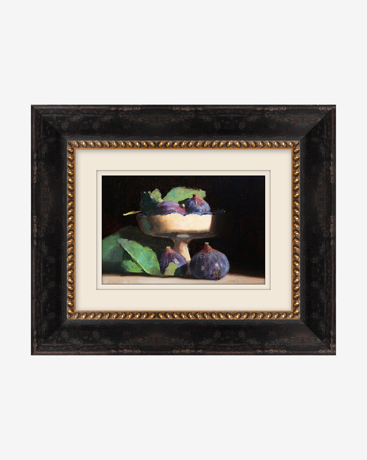 Figs Still Life is a museum-quality painting featuring figs and green leaves on a pedestal dish, with extra figs on wood. It comes elegantly framed in an ornate black and gold wood frame.