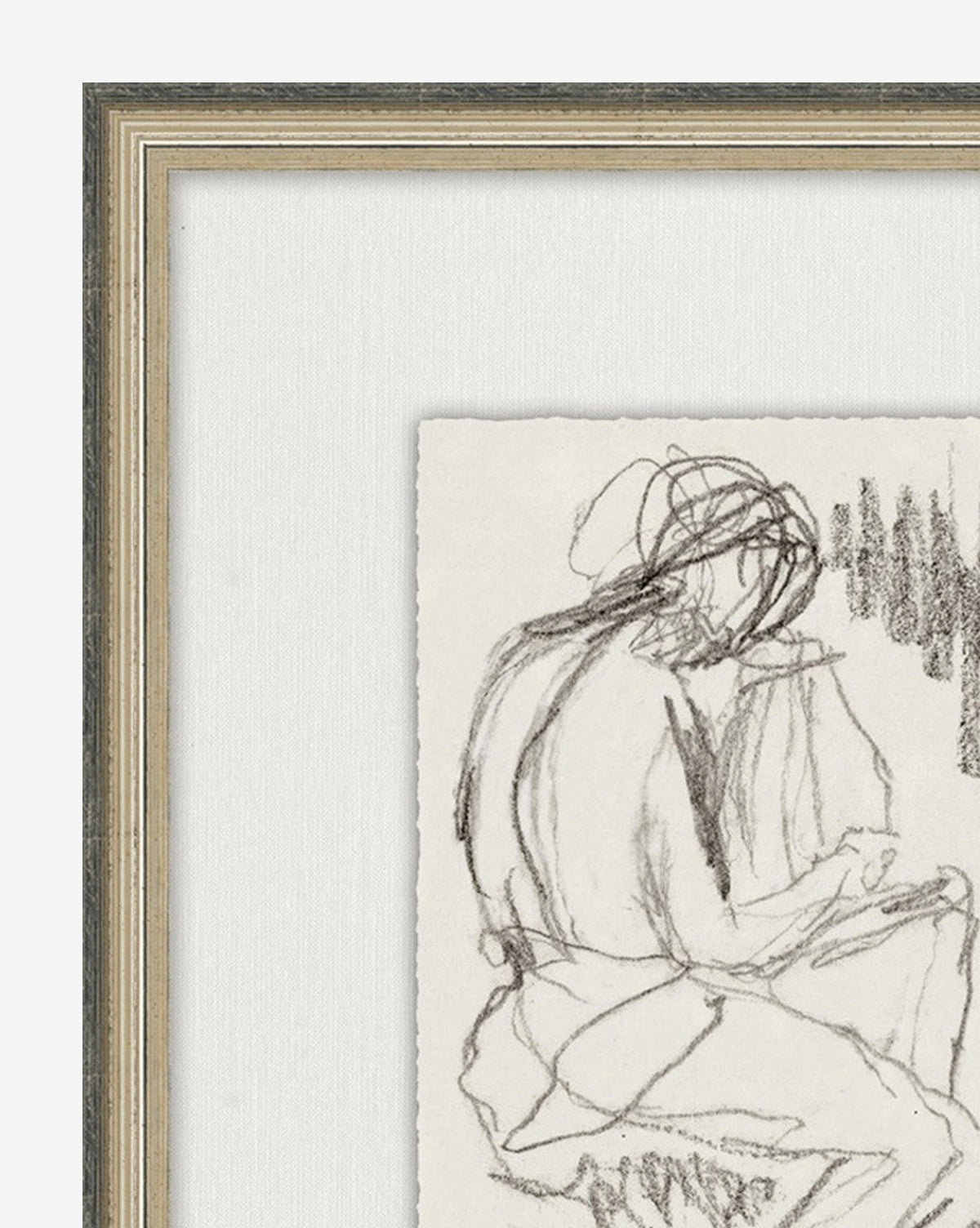 “Figure Sketch” is a framed black and white charcoal artwork showing a seated figure in quick, loose lines. With its plain background and light frame, it’s perfect for adding artistic flair to any gallery wall decor.