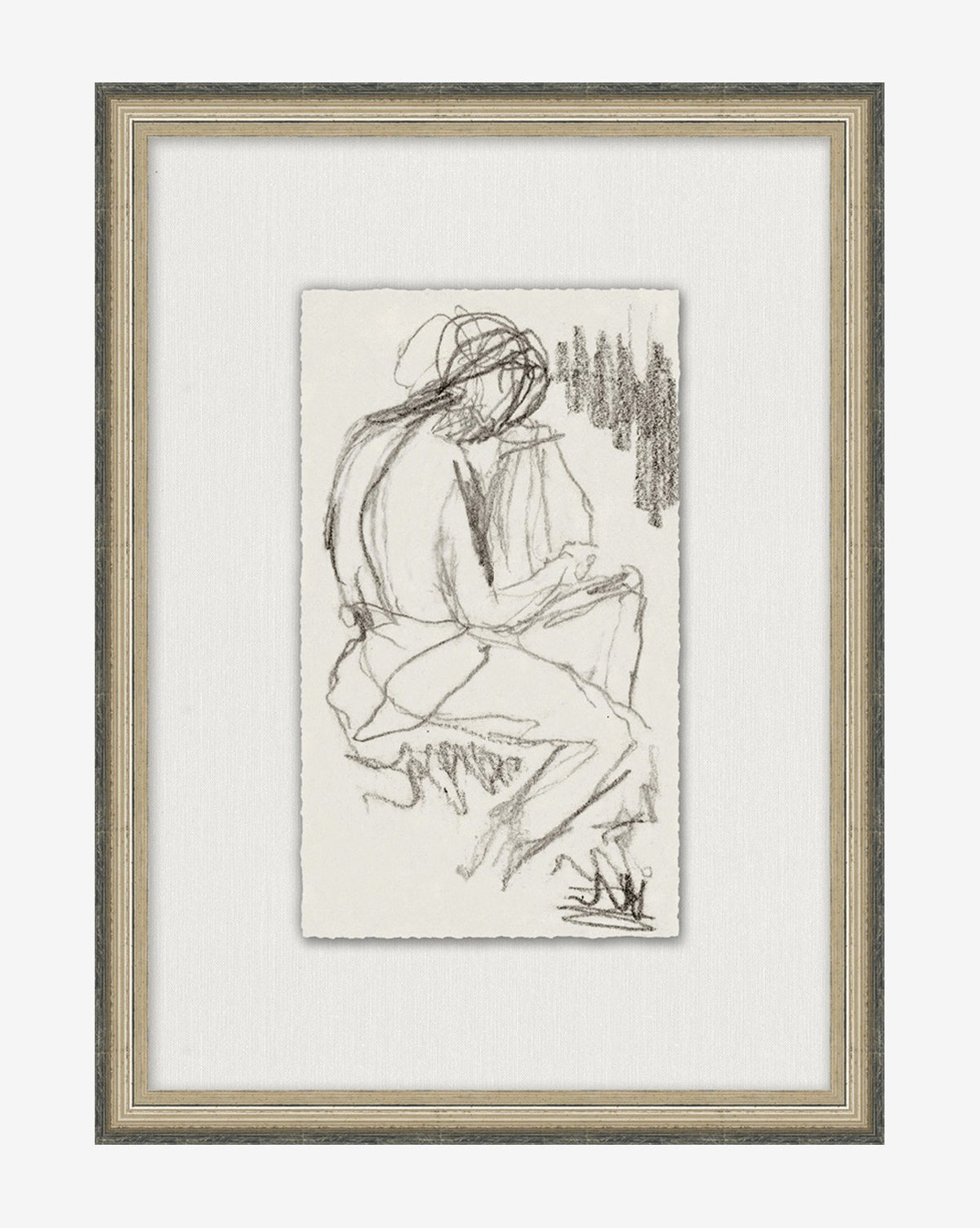 Figure Sketch is a framed charcoal artwork in black pencil depicting a seated nude with expressive minimal lines and shading, capturing form and posture in an abstract style—ideal as unique gallery wall decor.