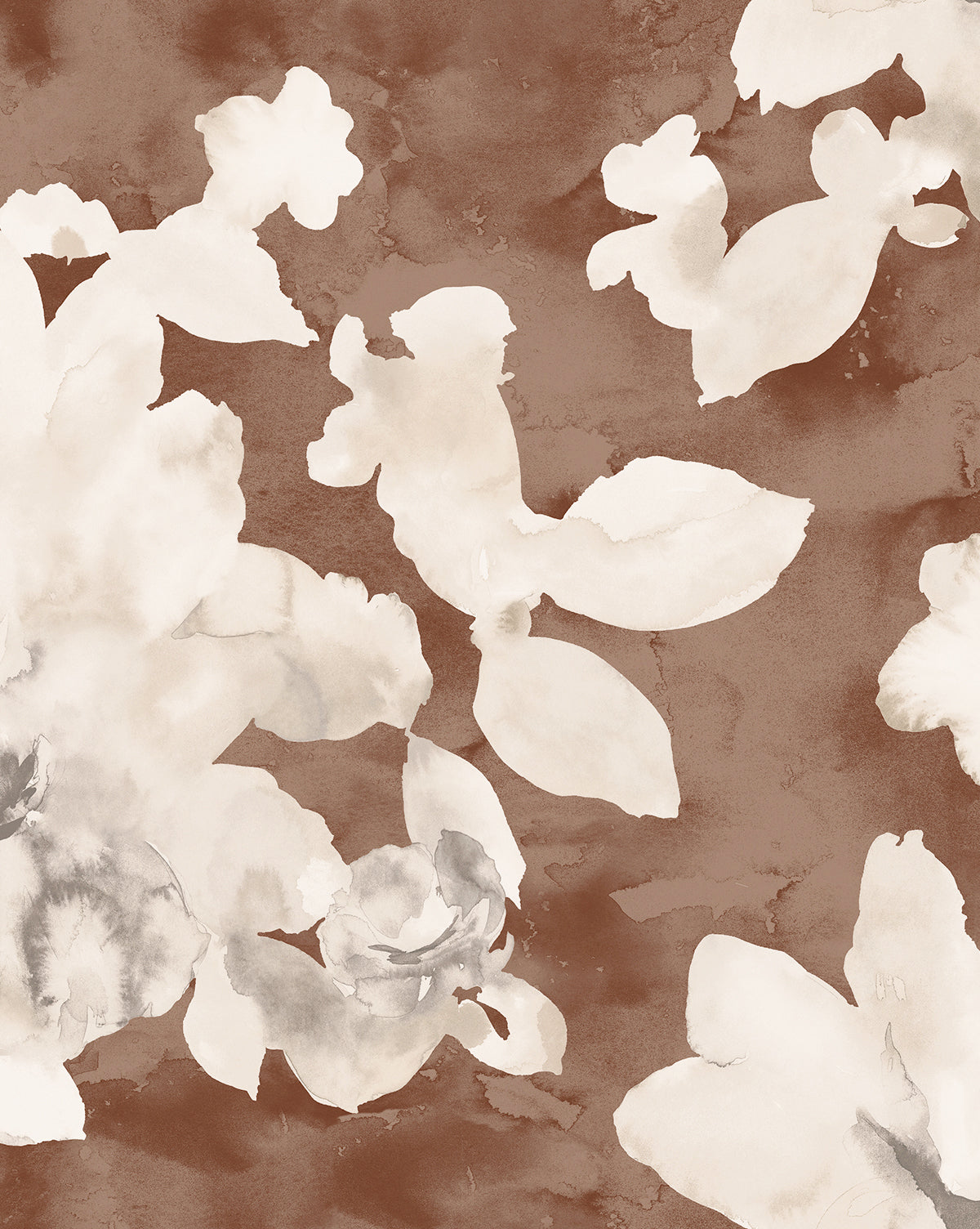 Fiorella Wallpaper features watercolor-style white and pale beige floral motifs on a warm brown background, forming a soft, artistic botanical pattern perfect for home decor.