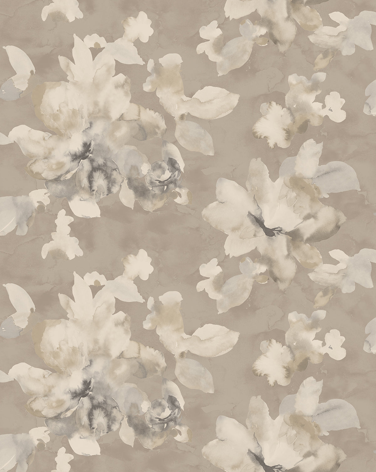 Fiorella Wallpaper showcases large beige and cream watercolor-style flowers with gray accents on a muted taupe background, creating a gentle, abstract look that brings elegant style to any home decor.