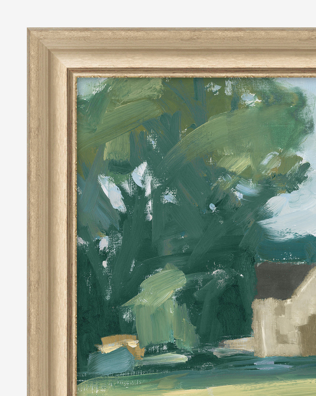 A close-up of Flaxen Pasture, a framed painting featuring broad, impressionistic brushstrokes of a green, leafy landscape with a building on the right, displayed in a light wood frame.