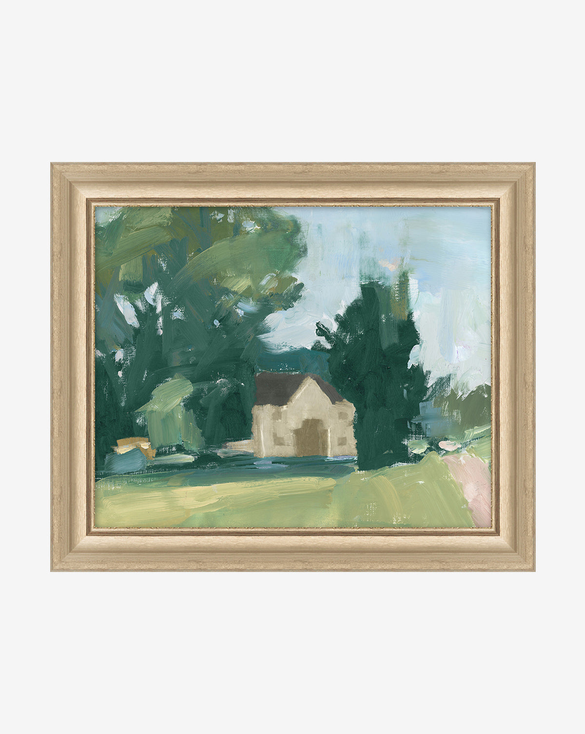 Flaxen Pasture is a framed abstract country painting featuring a small house in a flaxen field, surrounded by greenery and trees beneath a light blue sky, created in an impressionistic style with broad brushstrokes.