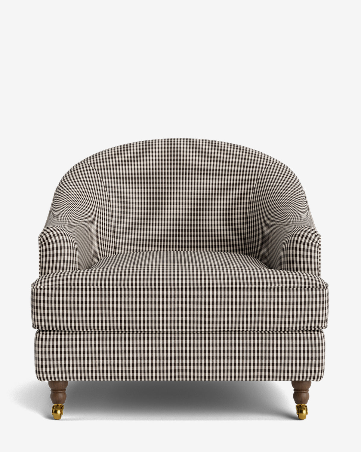Front view of the Fletcher Lounge Chair, featuring a handcrafted black and white checkered pattern, rounded backrest and arms, wooden legs with brass casters, and customizable fabrics—displayed against a white background by McGee & Co.