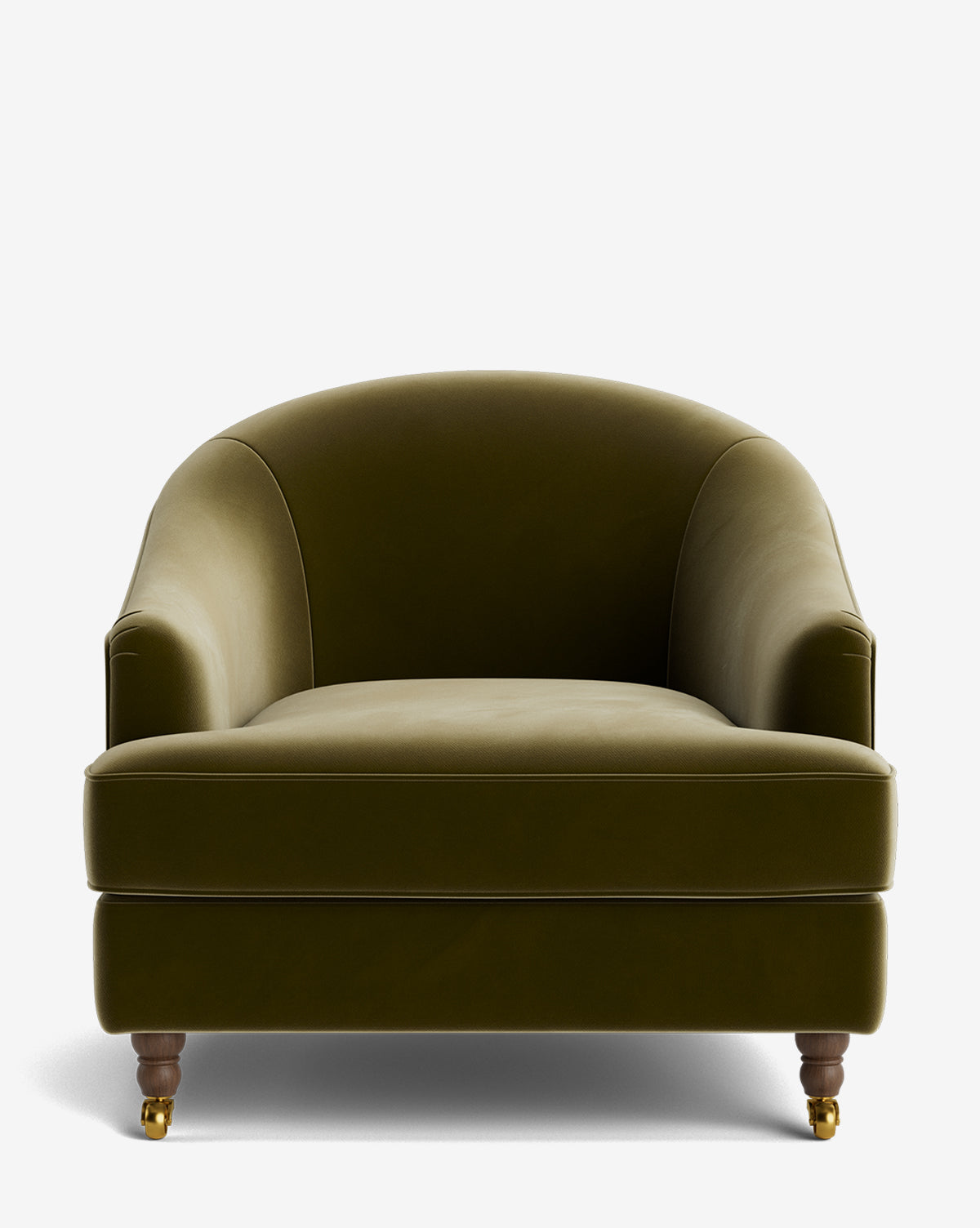 Front view of the Fletcher Lounge Chair, a plush handcrafted chair in olive green velvet with rounded arms and backrest, wooden legs, and small brass casters on the front legs, shown against a plain white background. Customizable fabrics offered by McGee & Co.