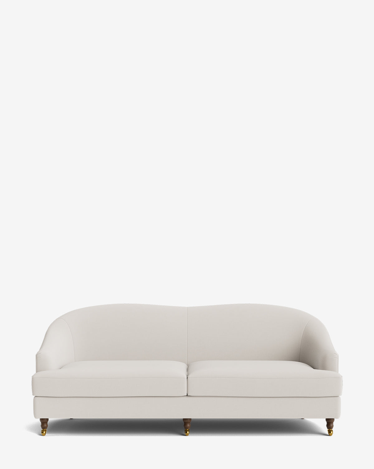 The Fletcher Sofa 76 is a modern, light beige upholstered handcrafted sofa featuring rounded arms and back, two seat cushions, and wooden legs with brass casters, shown against a plain white background by McGee & Co.