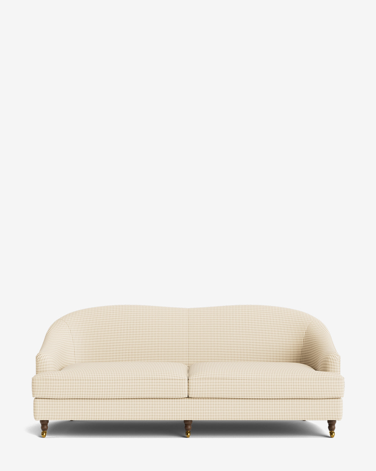 The Fletcher Sofa 76 is a cream, checkered upholstered handcrafted sofa with a curved backrest, rolled arms, and wooden legs with brass casters, displayed against a plain white background by McGee & Co.