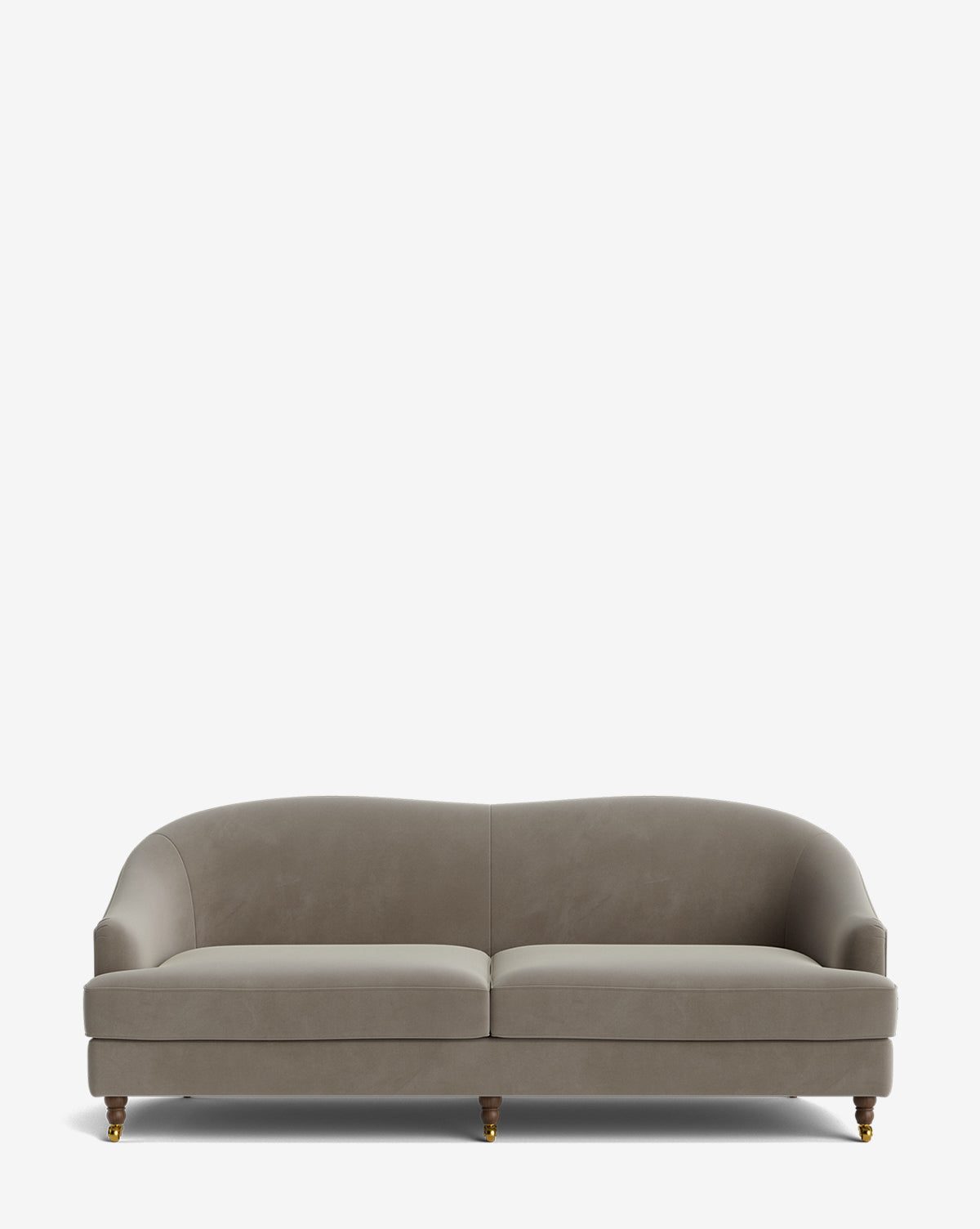 The Fletcher Sofa 76 is a modern, light gray sofa featuring a curved backrest, low arms, and four short wooden legs with gold accents, displayed against a plain white background by McGee & Co.