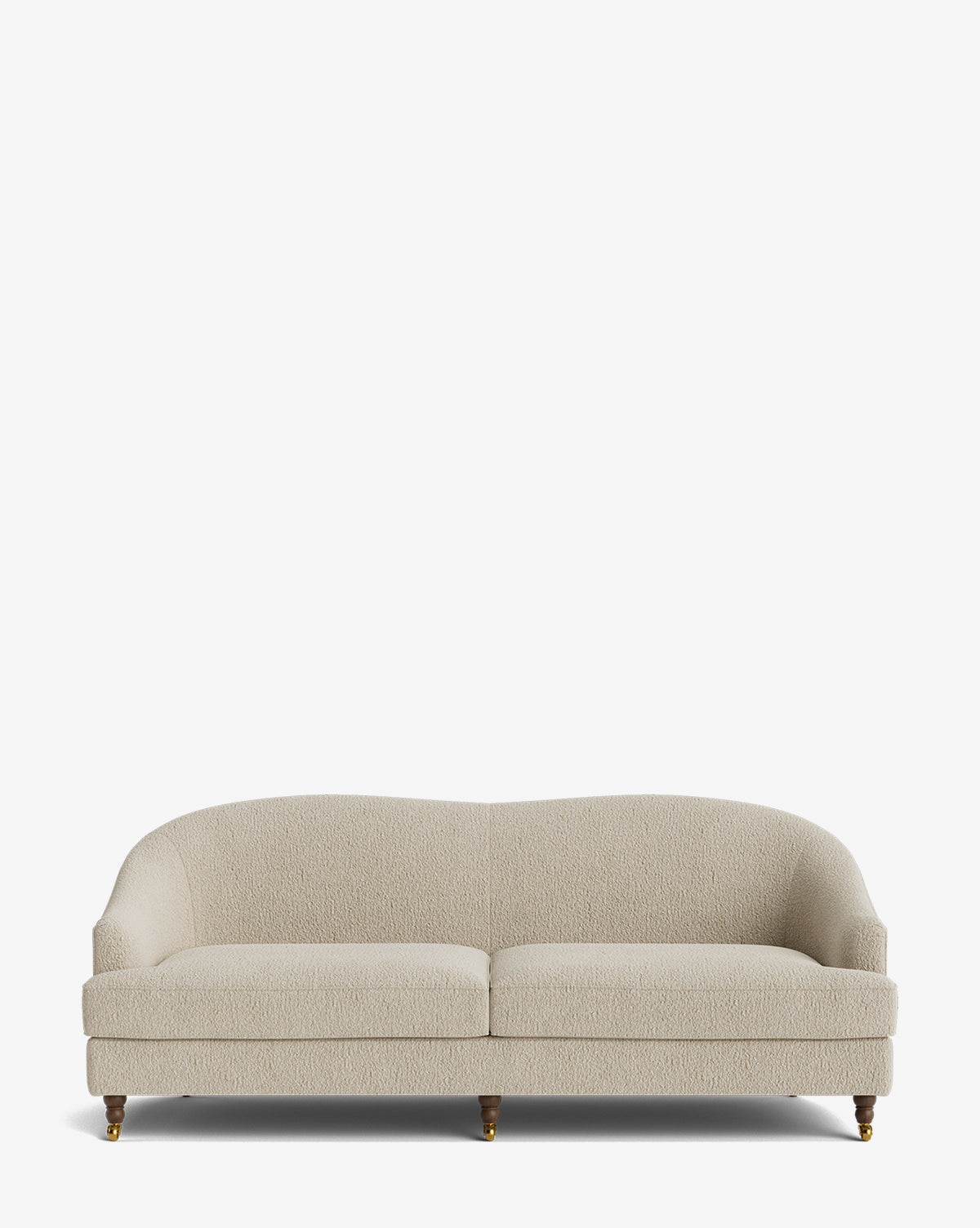 The Fletcher Sofa 76 is a modern, off-white upholstered sofa featuring a curved backrest, slightly flared arms, and four short wooden legs with brass casters, shown against a plain white background by McGee & Co.