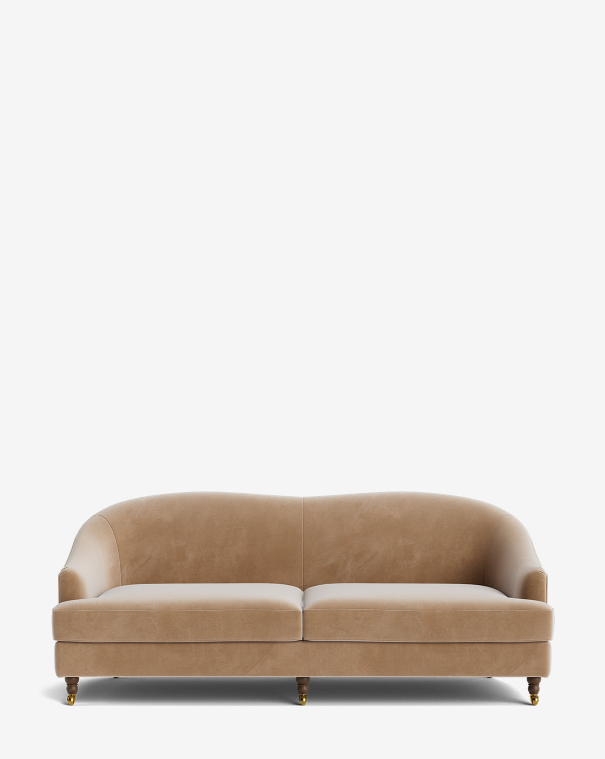 The Fletcher Sofa 76 showcases a tan velvet finish, curved backrest, two seat cushions, and four short wooden legs with brass castors, all set against a plain white background by McGee & Co.