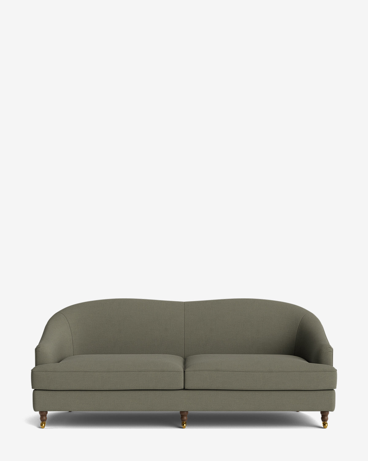 The Makerspalm Fletcher Sofa 76 features a modern olive-green design with curved arms, back, handcrafted wooden legs, and brass casters. Shown on a white background. Fabrics are customizable to match your style. McGee & Co.