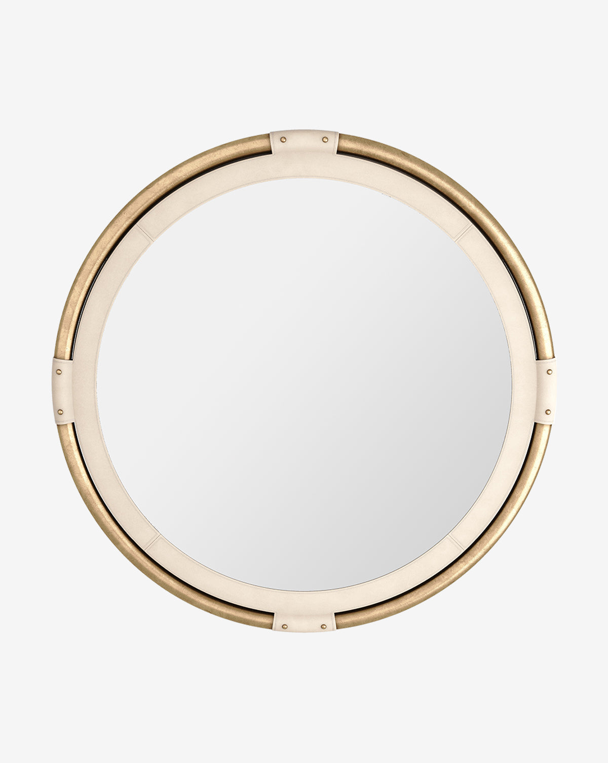 The Flora Mirror boasts a round shape with a gold and beige frame, antique brass accents, and four evenly spaced screws. Its modern minimalist design pops against white backgrounds, by McGee & Co.