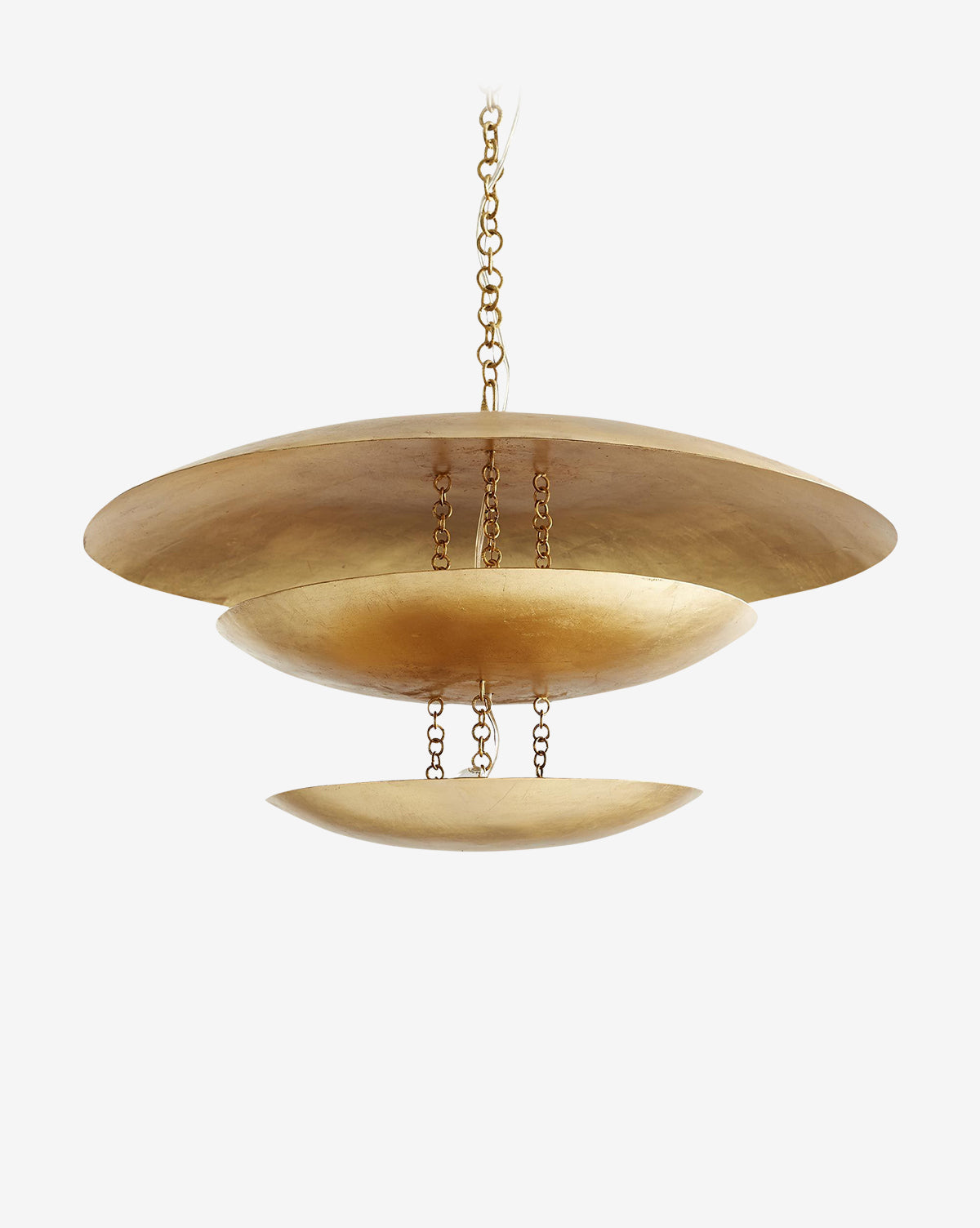 The Florko Chandelier by Arteriors is a modern gold fixture with three large, shallow overlapping circular discs in a stunning gold leaf finish, all suspended by gold chains from a central mount—McGee & Co.