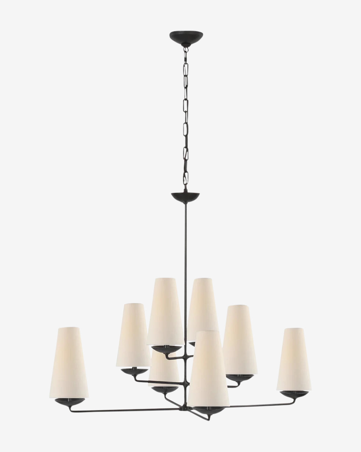 The Fontaine Offset Chandelier by Visual Comfort & Co. Signature features a modern black metal tiered frame with eight white cone shades, chain suspension, and a central rod—a minimalist, elegant candelabra ideal for contemporary spaces. McGee & Co.