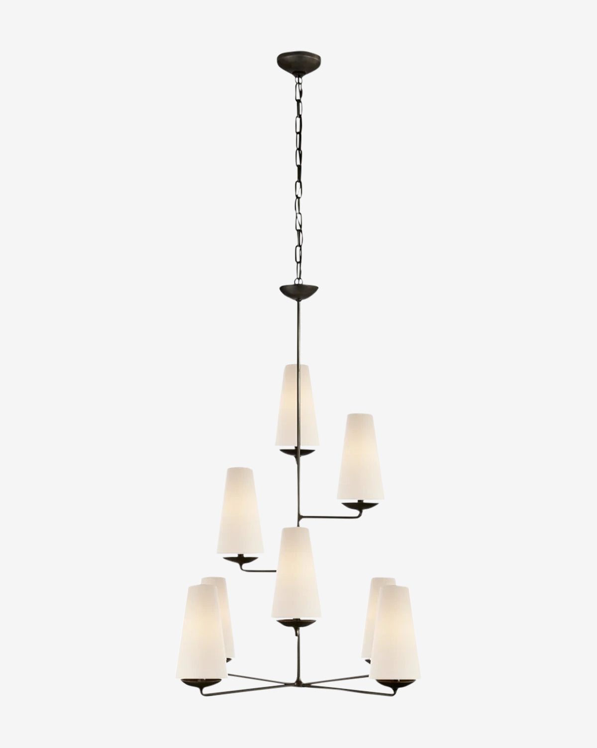 The Fontaine Vertical Chandelier by Visual Comfort & Co. Signature features a modern black tiered metal frame with eight white conical shades arranged in two levels, suspended from the ceiling by a chain, and is available at McGee & Co.