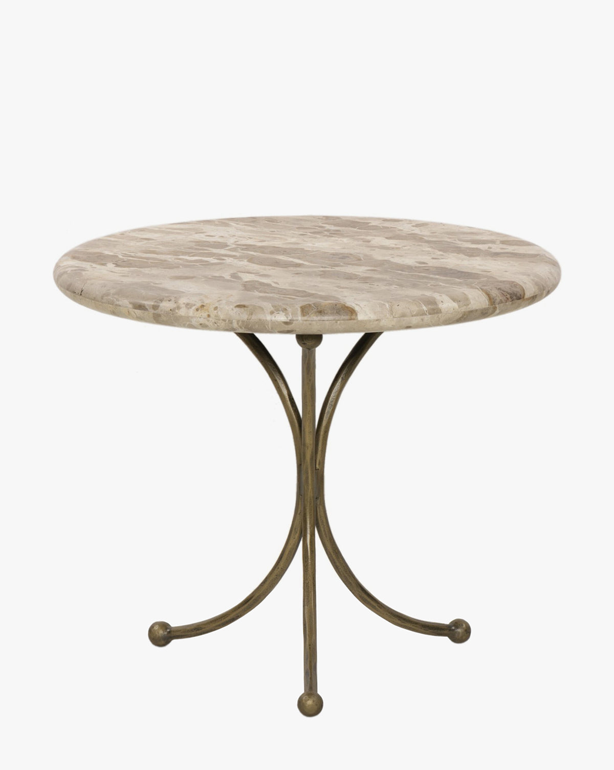 The Fossil Marble End Table showcases a light marble top and a hammered aged brass base with three curved legs and small round feet, creating a sculptural accent piece perfect for any space, by McGee & Co.