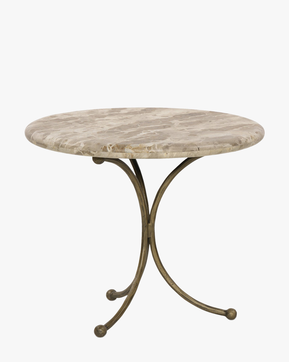 The Fossil Marble End Table features a round marble top and a hammered aged brass base with three central legs, creating a minimalist, elegant look that stands out against light backgrounds, by McGee & Co.