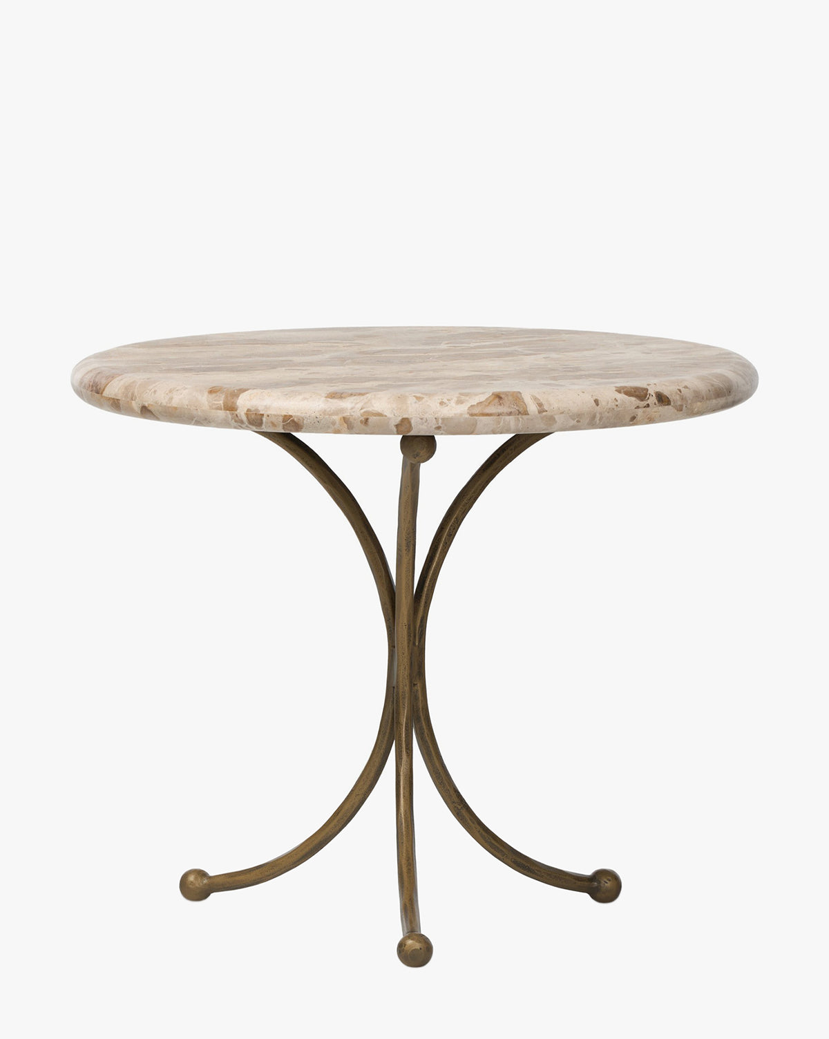 The Fossil Marble End Table showcases a round beige marble top and a curved three-leg metal base in hammered aged brass, each ending in a rounded foot, set against a plain white background, by McGee & Co.