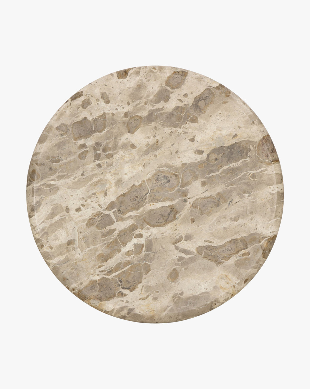 The Fossil Marble End Table features a round slab of beige and light brown marble with unique veining, shown from above on a white background—a sculptural accent perfect for modern spaces, by McGee & Co.