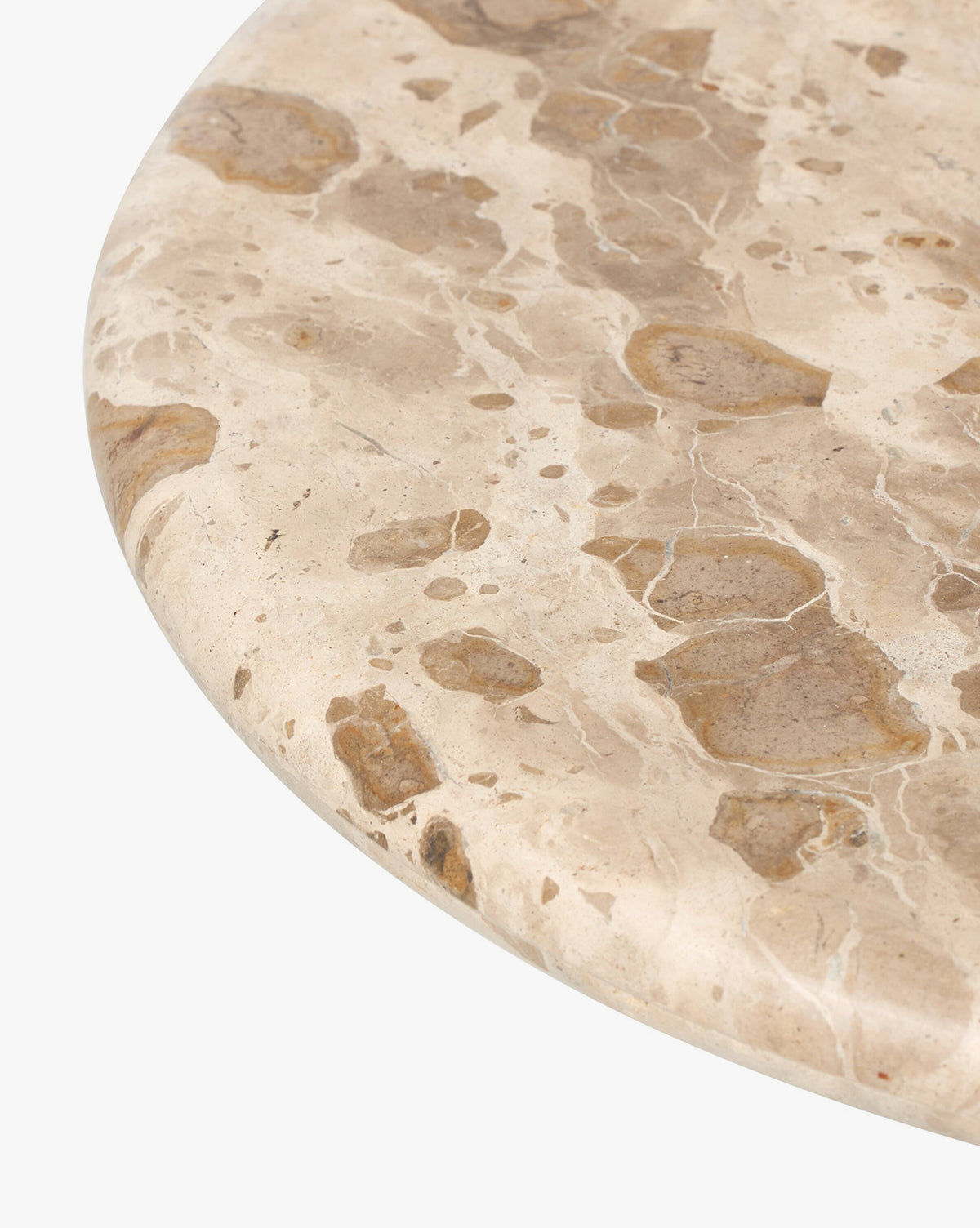Close-up of the Fossil Marble End Tables polished, round tabletop featuring beige and brown patterns with natural veins and stone textures, displayed on a white background by McGee & Co.