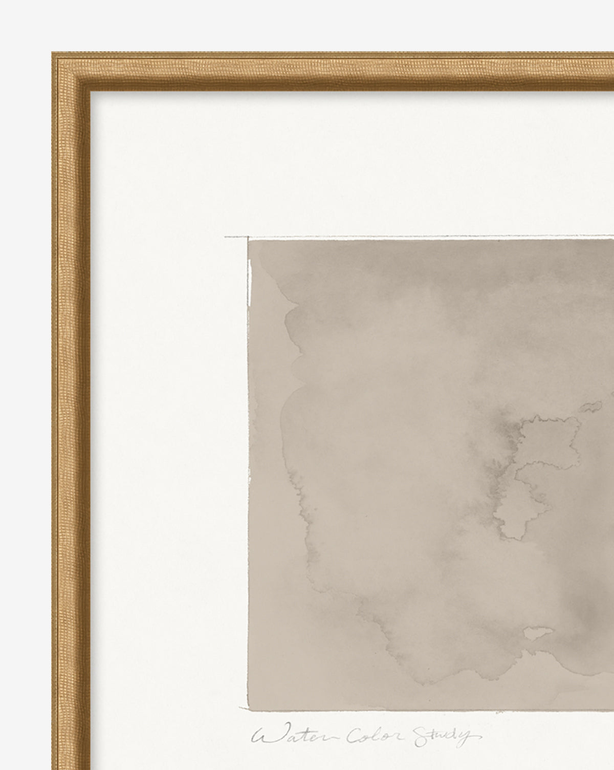 A close-up of a minimalist watercolor giclee print titled Fossil Study in muted beige tones, shown in a thin light wooden frame. The artwork features soft abstract shapes with gentle gradients and the handwritten text “Fossil Study” below.
