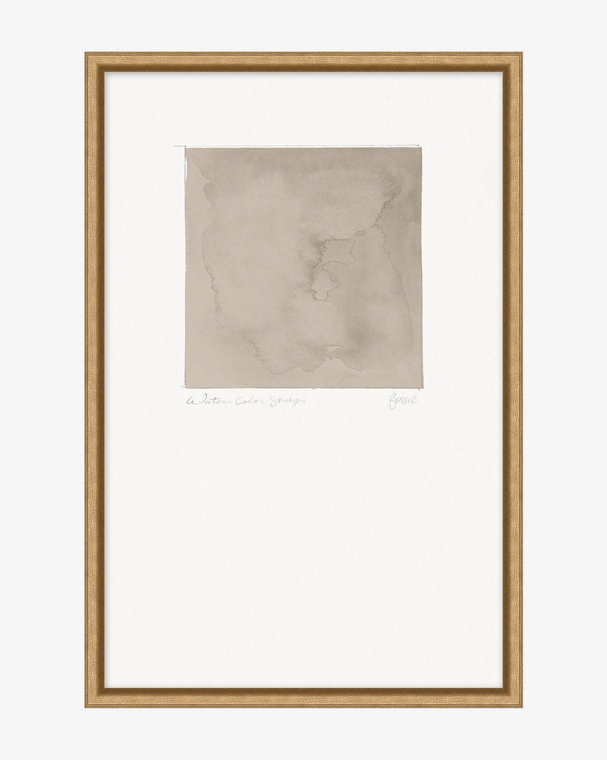 Fossil Study is a minimalist abstract wall art giclee print. It features a soft gray watercolor wash in a square shape near the top of a white background, set in a thin, light wooden frame.