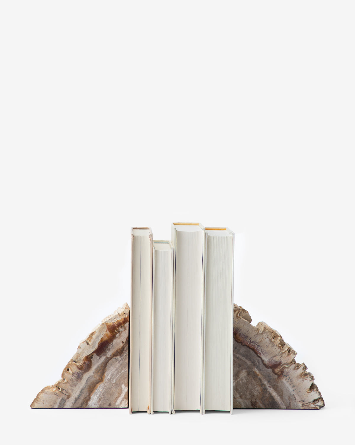Five closed books stand upright between a set of Fossilized Wood Bookends (Set of 2), shaped like geodes, adding an organic decor accent to the scene against a plain white background.
